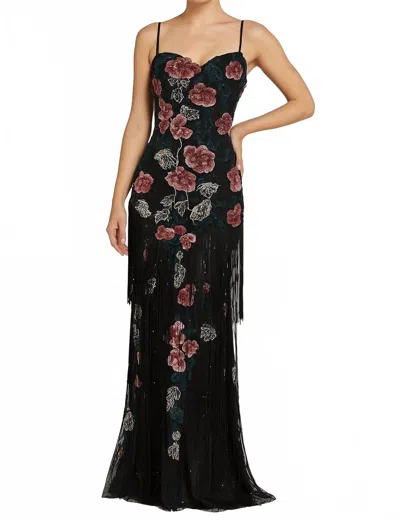 Mac Duggal Floral Embroidered Fringe Gown In Black Multi