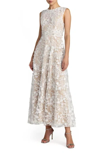 Mac Duggal Floral Embroidered Round-neck Midi-dress In Neutral