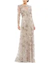 Mac Duggal Floral Embroidered Illusion Long Sleeve Evening Gown In Brown