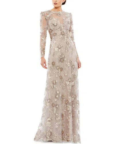 Mac Duggal Floral Embroidered Illusion Long Sleeve Evening Gown In Brown