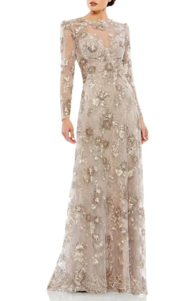 MAC DUGGAL MAC DUGGAL FLORAL EMBROIDERED ILLUSION LONG SLEEVE EVENING GOWN