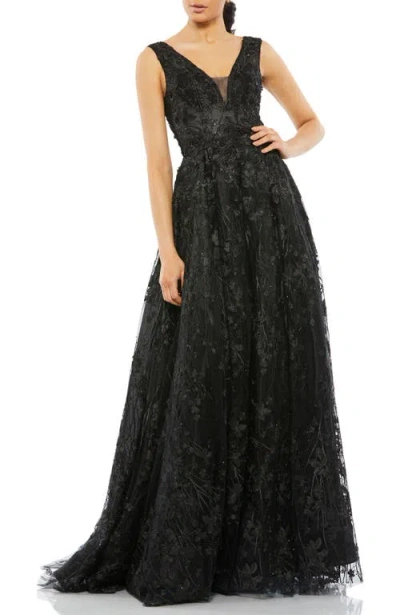 Mac Duggal Floral Embroidered Illusion V-neck A Line Gown In Black