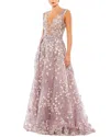 Mac Duggal Floral Embroidered Illusion V-neck Gown