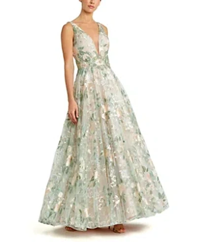 MAC DUGGAL FLORAL EMBROIDERED ILLUSION V-NECK GOWN