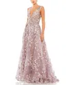Mac Duggal Floral Embroidered Illusion V-neck Gown In Lilac