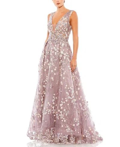 Mac Duggal Floral Embroidered Illusion V-neck Gown In Lilac
