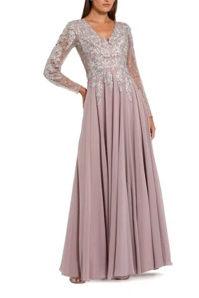 Mac Duggal Floral Embroidered Illusion V-neck A-line Gown In Brown