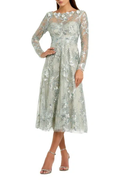 Mac Duggal Floral Embroidered Long Sleeve Midi Dress In Green