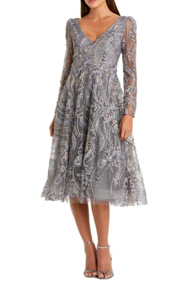 Mac Duggal Floral Embroidered Long Sleeve V Neck Midi Dress In Gray
