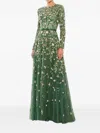 Mac Duggal Embellished High Neck Long Sleeve A Line Gown In Green