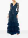 Mac Duggal Embellished Long Sleeve Tulle Gown In Blue