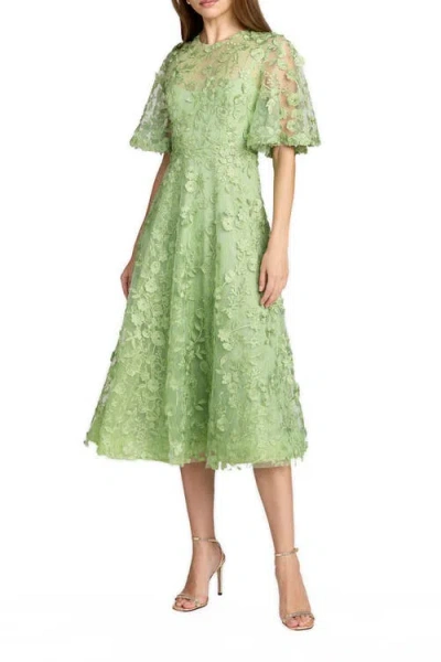 Mac Duggal Floral Embroidered Mesh Midi Dress With Sleeves In Green