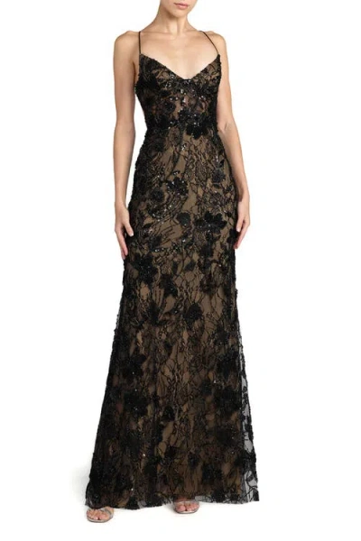 Mac Duggal Floral Embroidered Sleeveless Open Back Gown In Black