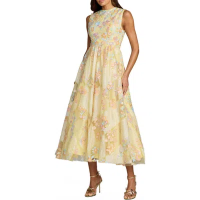 Mac Duggal Floral Embroidered Sleeveless Tulle Midi Dress In Yellow