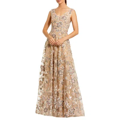 Mac Duggal Floral Embroidered Sleeveless V Neck Gown In Multi