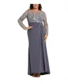 Mac Duggal Floral Embroidered Top With Ruched Detail Jersey Skirt Plus Size Gown In Charcoal