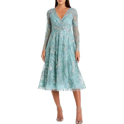 Mac Duggal Floral Embroidered V Neck Long Sleeve Midi Dress In Blue