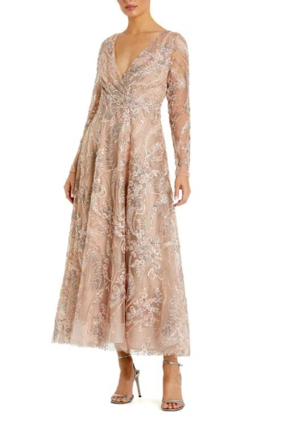 Mac Duggal Floral Embroidered V-neck Long Sleeve Midi Dress In Neutral