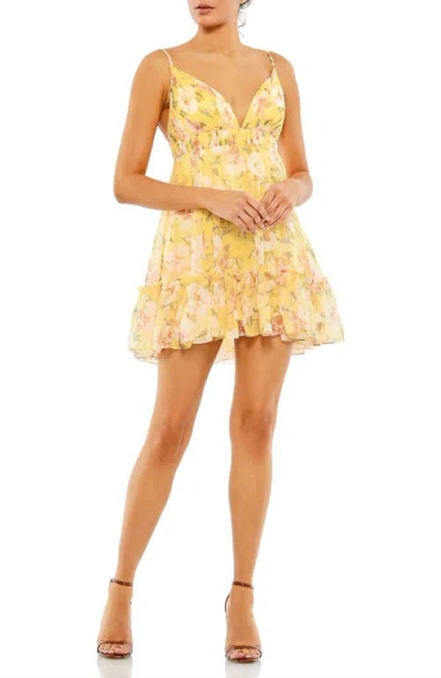 Mac Duggal Floral Empire Waist Ruffled Mini Dress In Lemon