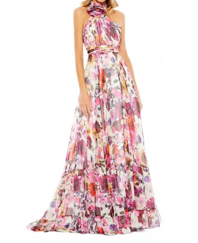 MAC DUGGAL FLORAL FLOUNCE DRESS IN WHITE MULTI