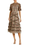 Mac Duggal Floral Flutter Sleeve Mesh Print Dress In Beige Multi
