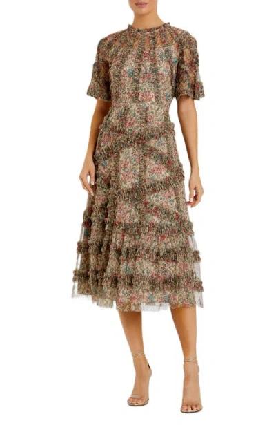 Mac Duggal Floral Flutter Sleeve Mesh Print Dress In Beige Multi