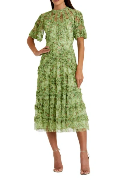 Mac Duggal Floral Flutter Sleeve Mesh Print Dress In Sage Multi