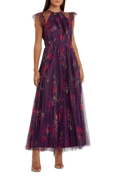 Mac Duggal Floral Flutter Sleeve Midi Dress In Purple