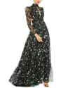 Mac Duggal Floral Chiffon High-neck Gown With Sheer Puff Sleeves And Lace-up Cutouts In Multi