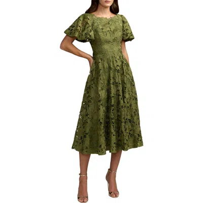 Mac Duggal Floral Lace Flutter Sleeve Midi Dress In Green