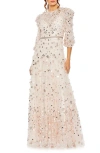 Mac Duggal Floral Applique Puff Sleeve High Neck A-line Gown In Blush
