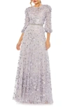 Mac Duggal Floral Applique Puff Sleeve High Neck A-line Gown In Lavender