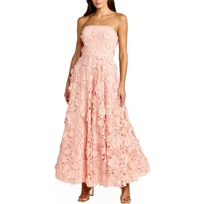 Mac Duggal Floral Lace Strapless A Line Midi Dress In Pink
