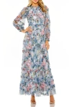 Mac Duggal Long Sleeve High Neck Sequin Detail Ruffle Gown In Blue
