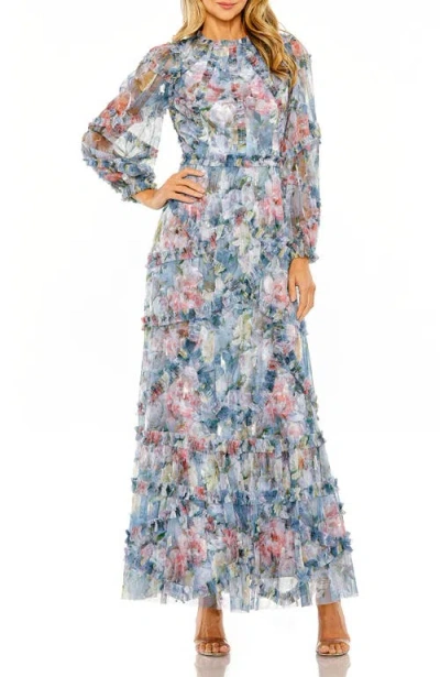 Mac Duggal Floral Long Sleeve High Neck Ruffle Detail Gown In Platinum Multi
