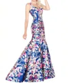 Mac Duggal Floral Mermaid Gown In Navy Blue Floral Print In Multi