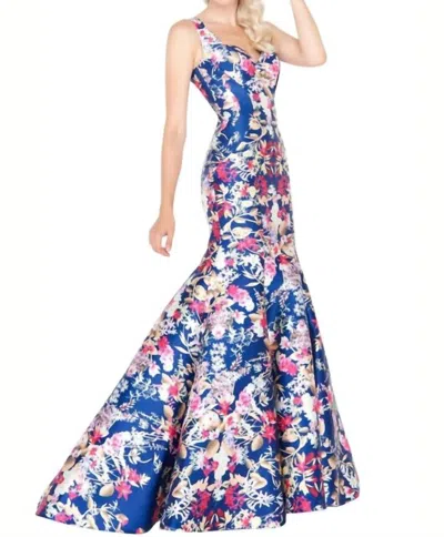 Mac Duggal Floral Mermaid Gown In Navy Blue Floral Print In Multi