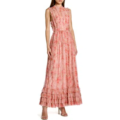 Mac Duggal Floral Mesh High Neck Micro Ruffle Midi Dress In Multi