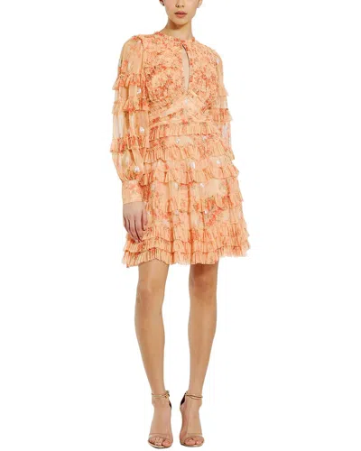 Mac Duggal Floral Mesh Long Sleeve Ruffle Mini Dress In Neutral