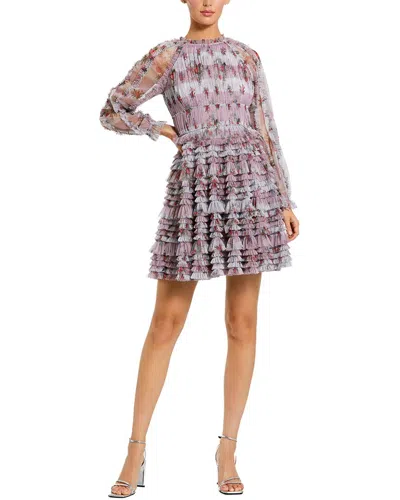 Mac Duggal Floral Mesh Long Sleeve Ruffle Mini Dress In Purple