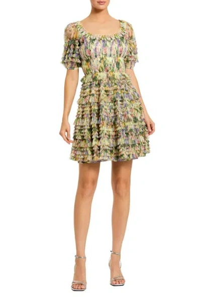 Mac Duggal Floral Mesh Puff Sleeve Ruffle Mini Dress In Multi