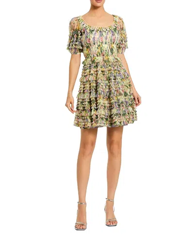 Mac Duggal Floral Mesh Puff Sleeve Ruffle Mini Dress In Multi