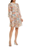 Mac Duggal Floral Mesh Ruffle High Neck Mini Dress In Blue Multi