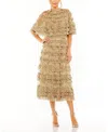 Mac Duggal Floral Mesh Ruffle Midi Dress In Green
