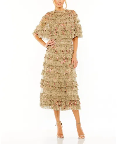MAC DUGGAL FLORAL MESH RUFFLE MIDI DRESS