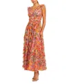 Mac Duggal Printed Floral Mesh Ruffle V Neck Ankle Dress In Multi