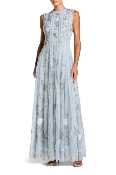 Mac Duggal Floral Mesh Sleeveless A Line Micro Ruffle Gown In Blue
