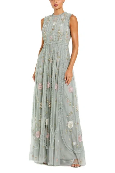 Mac Duggal Floral Mesh Sleeveless A Line Micro Ruffle Gown In Sage Multi