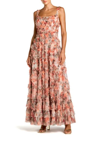 Mac Duggal Floral Mesh Sleeveless Micro Ruffle A Line Gown In Multi