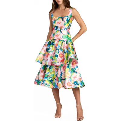 Mac Duggal Floral Mikado Sleeveless Ruffle Midi Dress In Multi